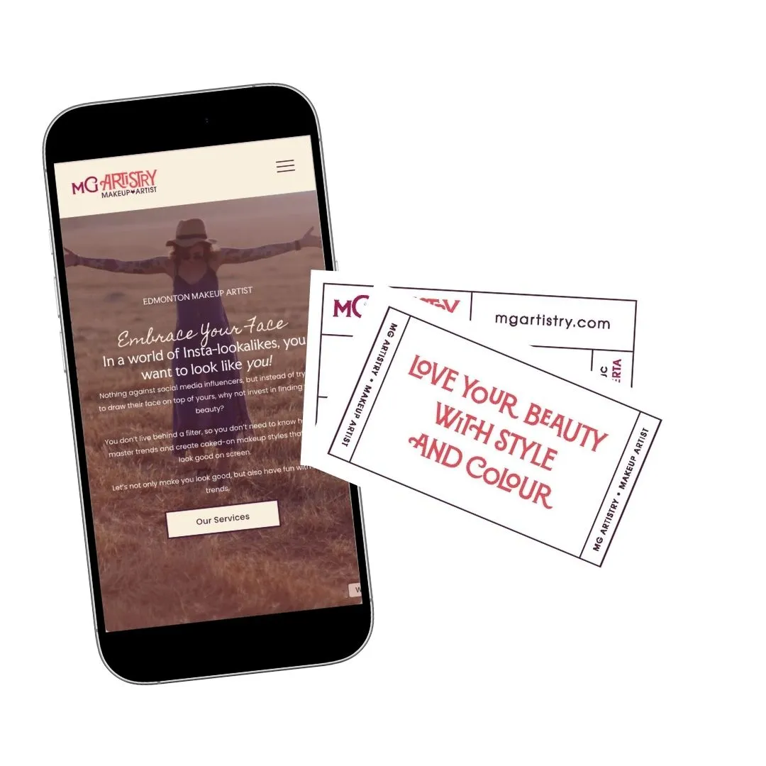 A smartphone displaying a makeup artists website is shown next to business cards that read LOVE YOUR BEAUTY WITH STYLE AND COLOUR and mgartistry.com.
